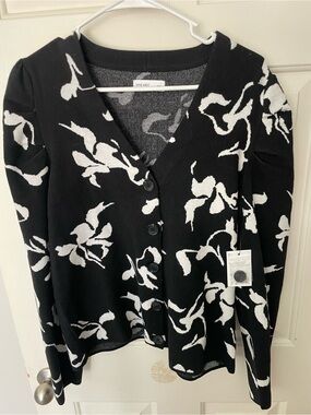Nine West Black & White Floral Knit Cardigan